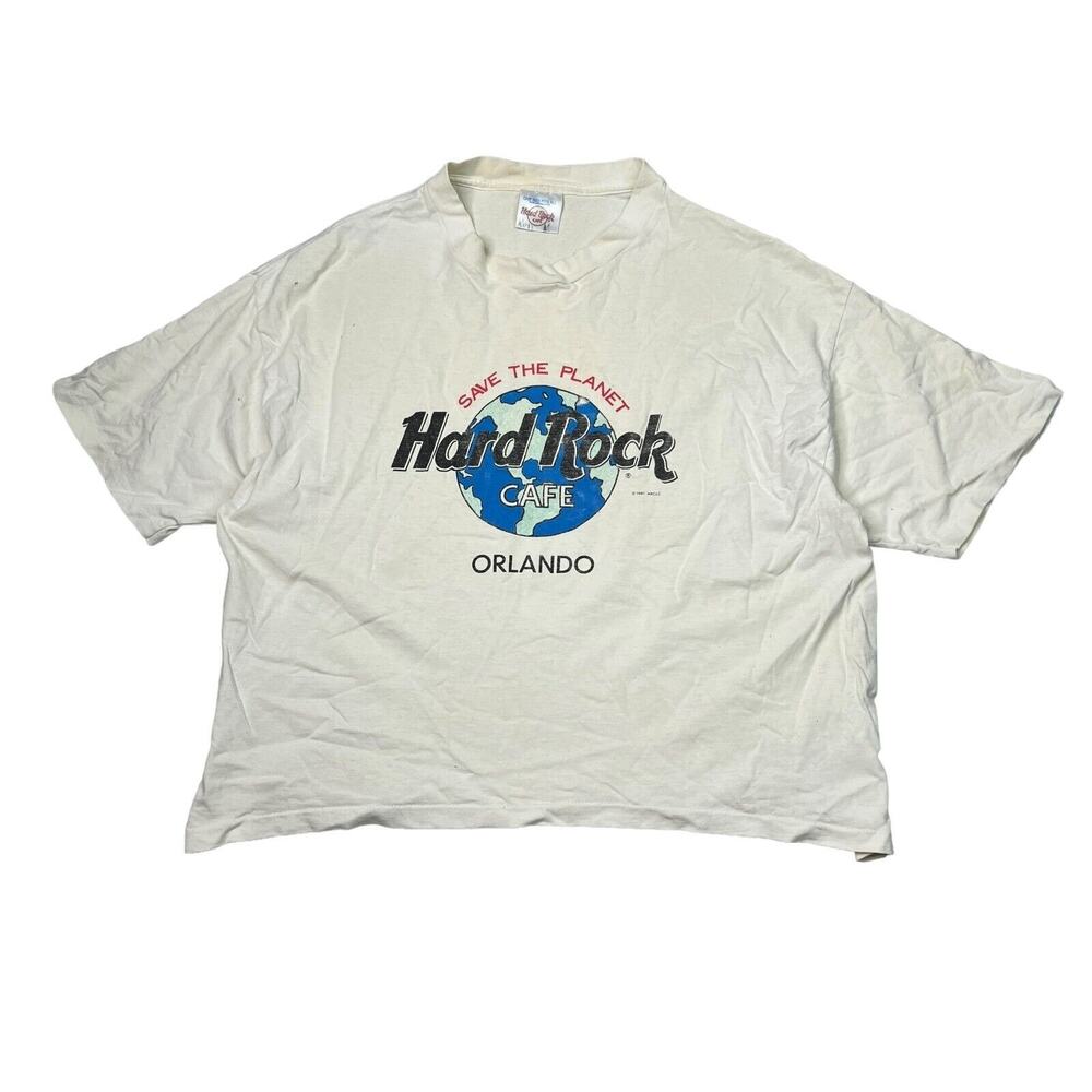 Hard Rock Cafe VTG 1991 Cropped Orlando Planet T-Shirt FLAW White OSFA One Size